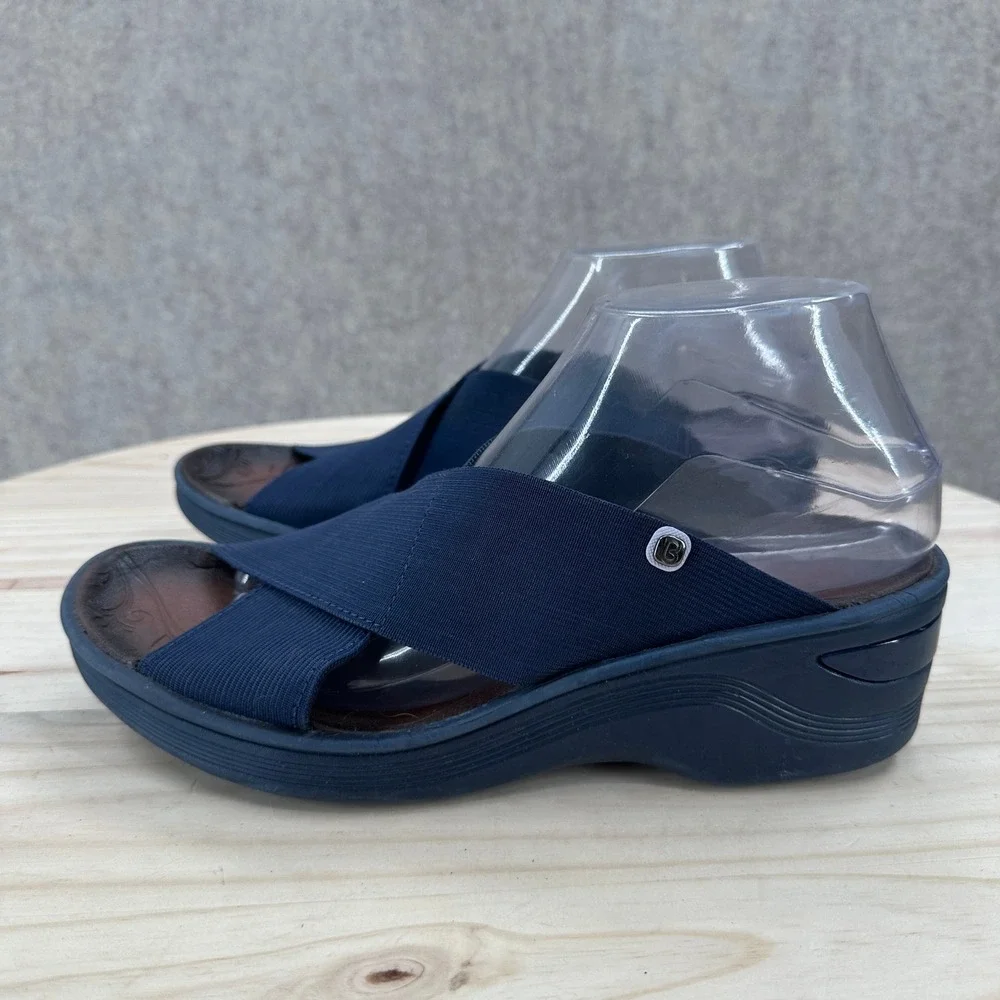 Bzees Desire Navy Blue Stretch Fabric Cross Strap Wedge Sandals 9.5 Slip On Shoe